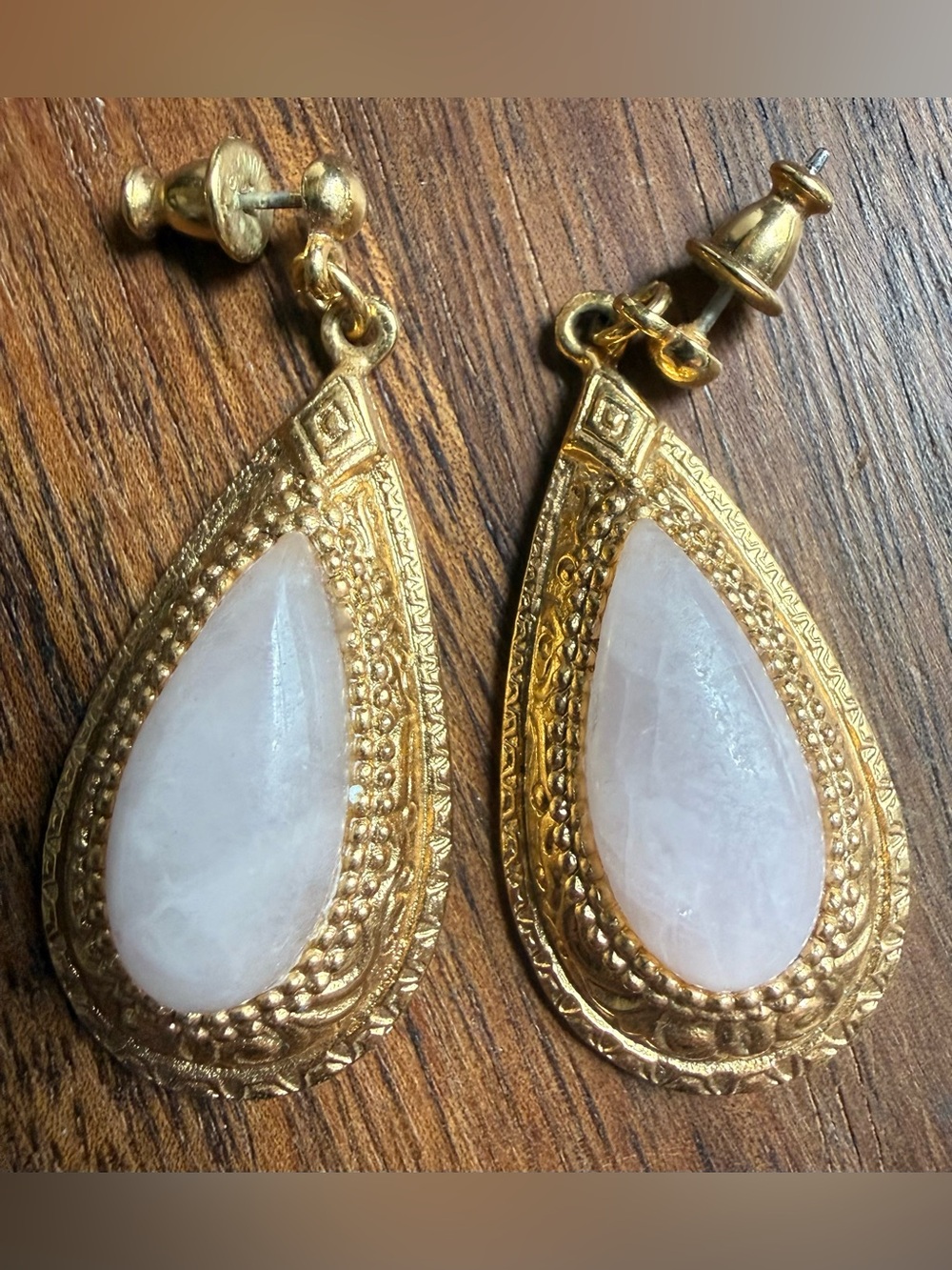 1928 Gold Tone Light Pink Teardrop Earrings Pierced Long Dangling